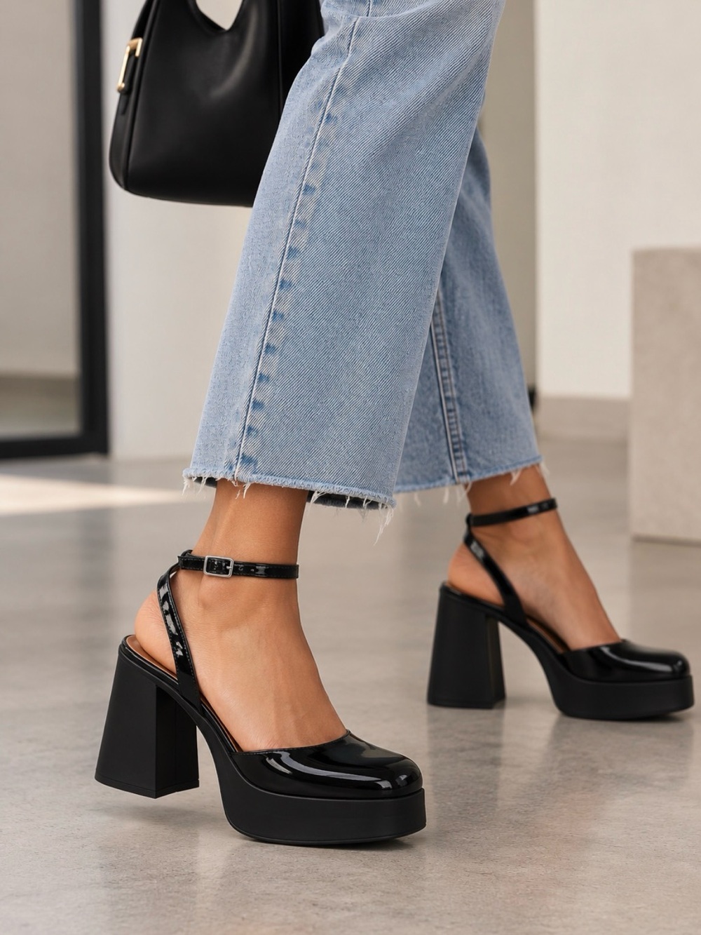 Free People Black Patent Leather Square-Toe Ankle-Strap Mules
